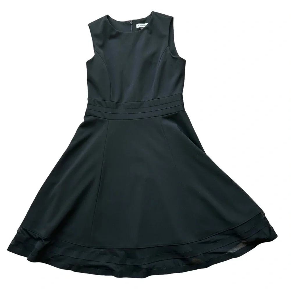 Calvin Klein sleeveless black crepe knit fit flare dress mesh panels size 10 - Picture 8 of 11